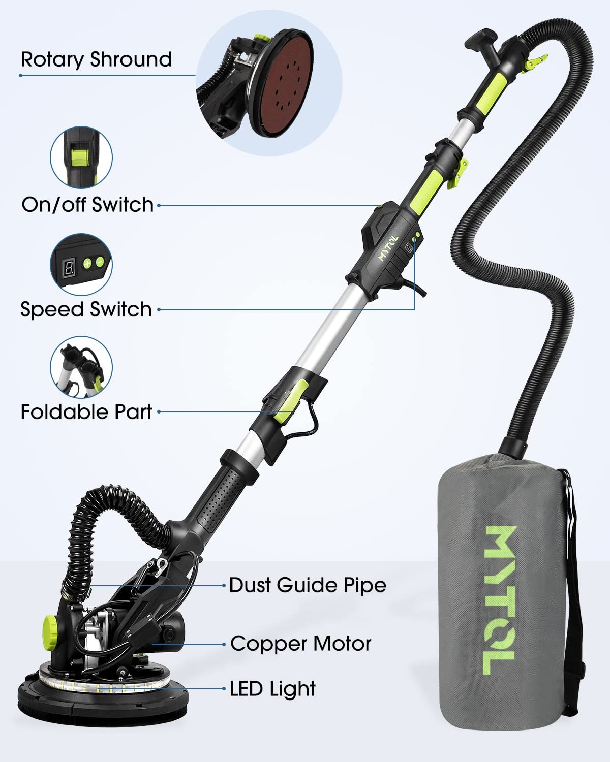 MYTOL Drywall Sander, 7.2A Electric Sander with Vacuum Dust Green