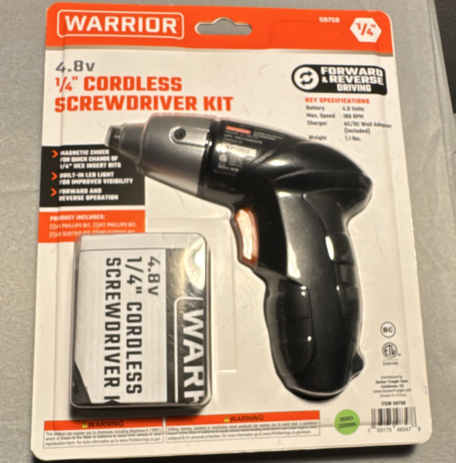Warrior 59758 4.8V 1/4&Prime; Cordless Screwdriver Kit LED Magnetic, Charger + 4 Bits