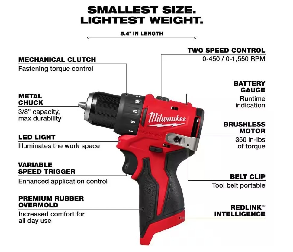 Milwaukee 3401-20 M12 12V 3/8&Prime; Subcompact Brushless Drill/Driver – Tool Only