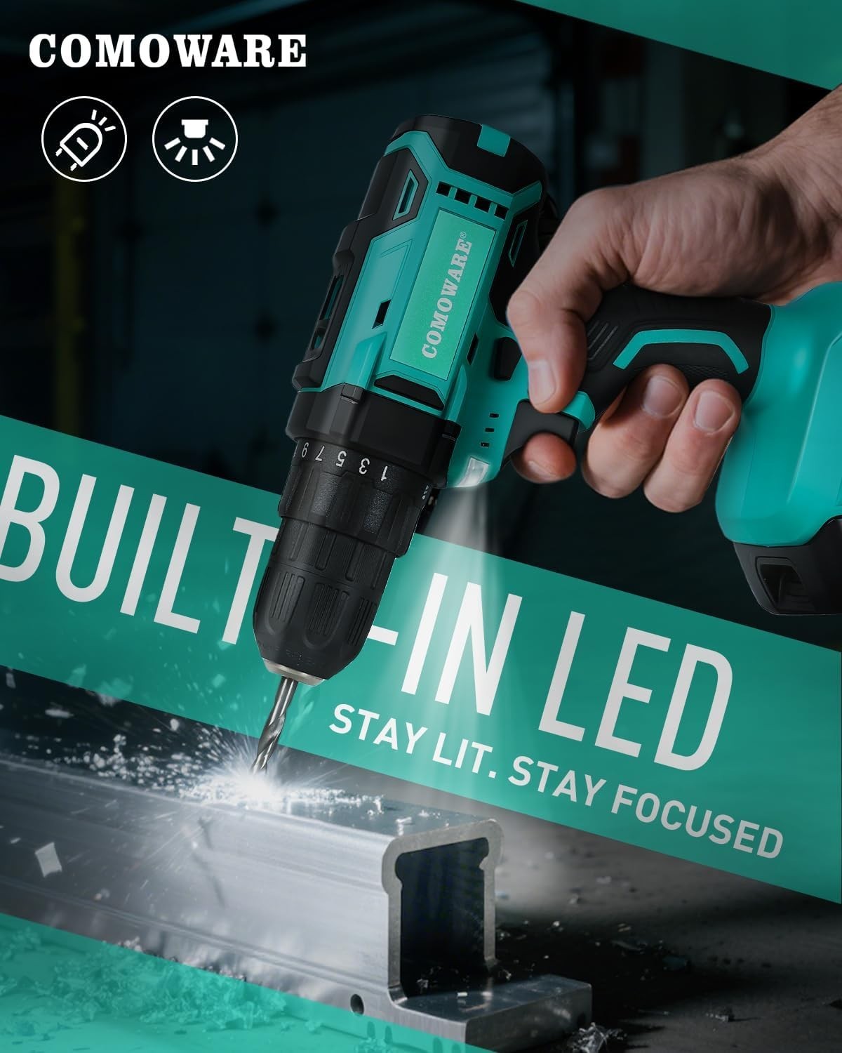 High Torque 266 In-lb Cordless Drill with 2 Speeds & Keyless Chuck – 34 PCS Kit