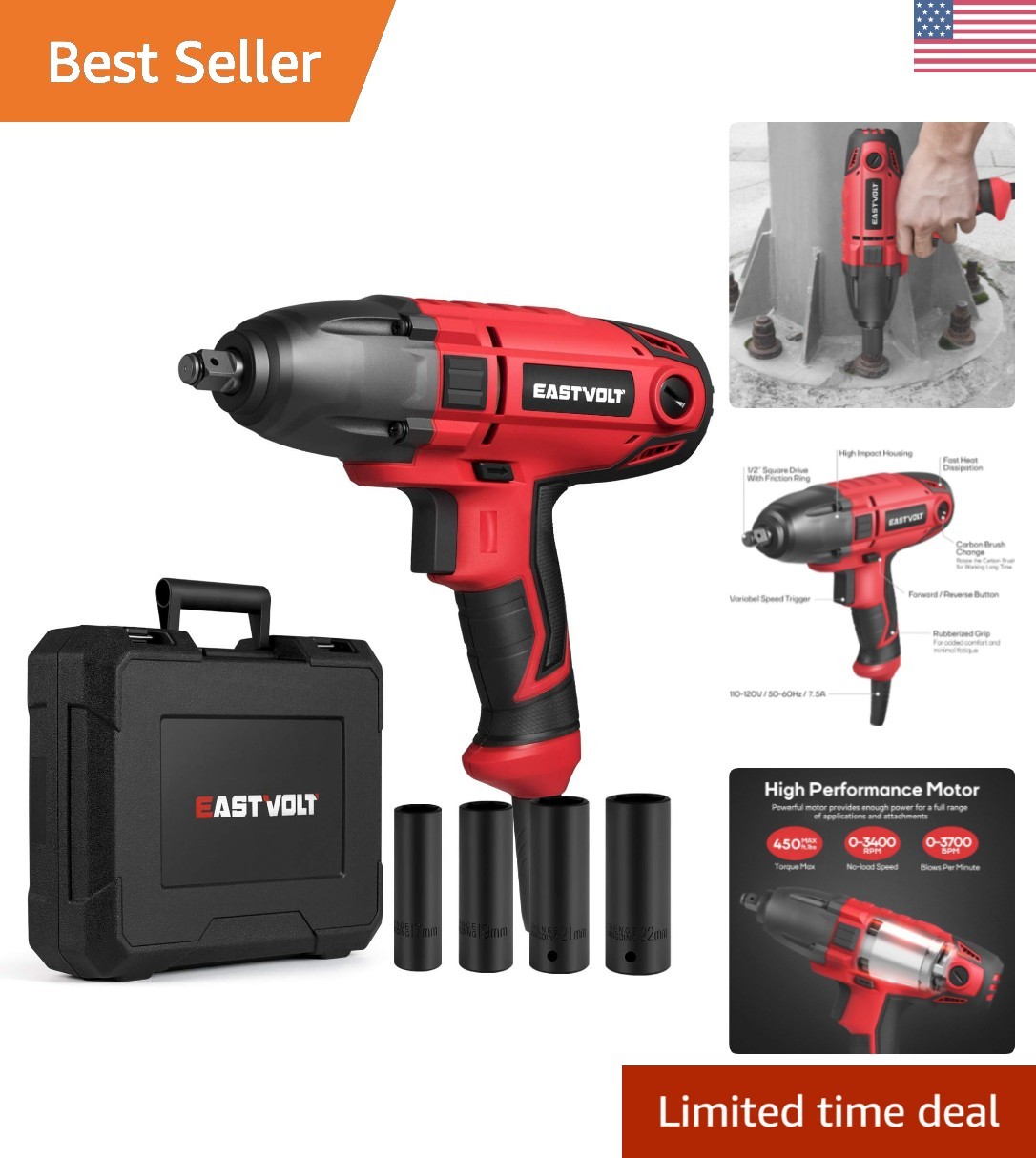 Heavy Duty 7.5 Amp Electric Impact Wrench, 450 Ft-lbs Torque, Includes 4 Sockets