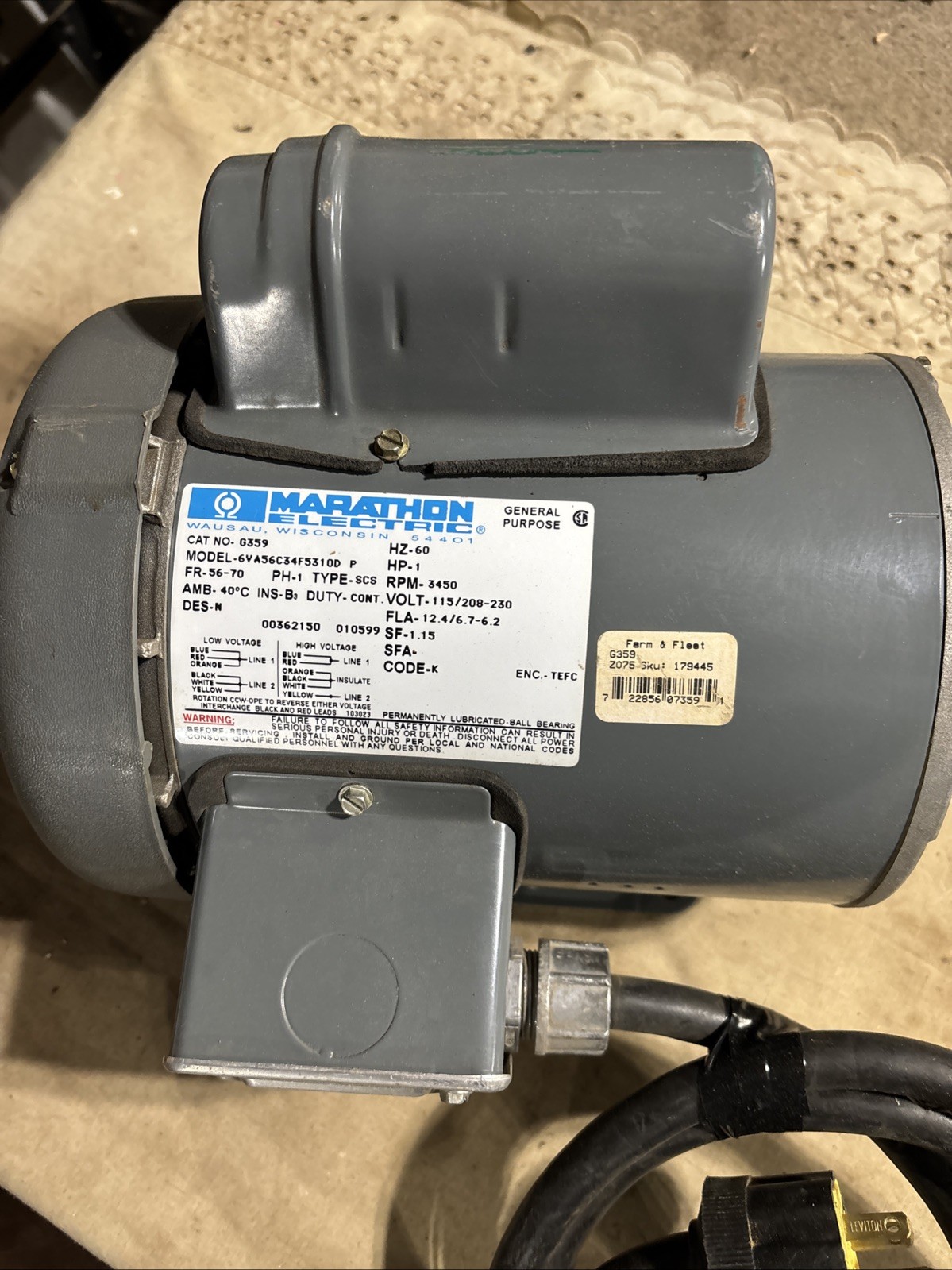 Marathon Table Saw Motor 1HP G359 General Purpose Ex Cond FREE SHIPPING
