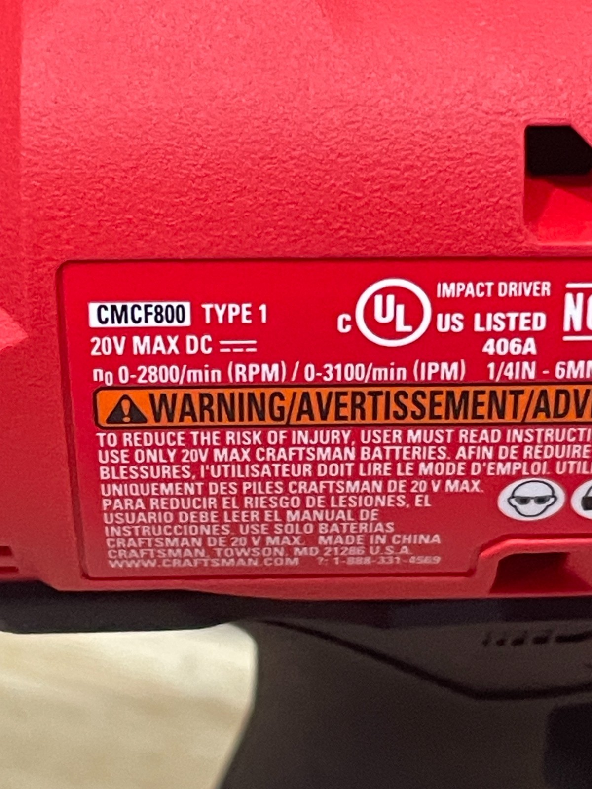 Craftsman V20 MAX 1/4&Prime; Impact Driver CMCF800 (Tool Only) NEW !!!