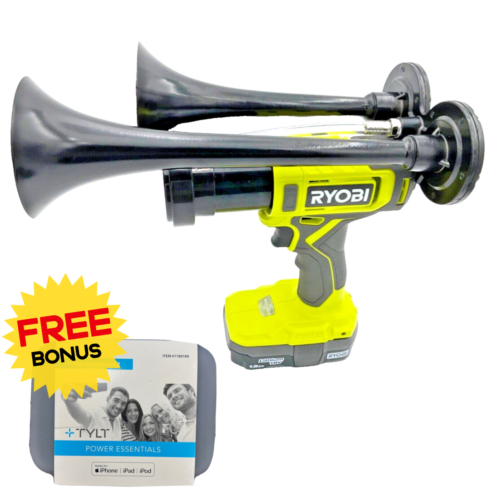 Works For Ryobi 18V Drill Train Air Horn Dual Black Air Trumpets Double Loud