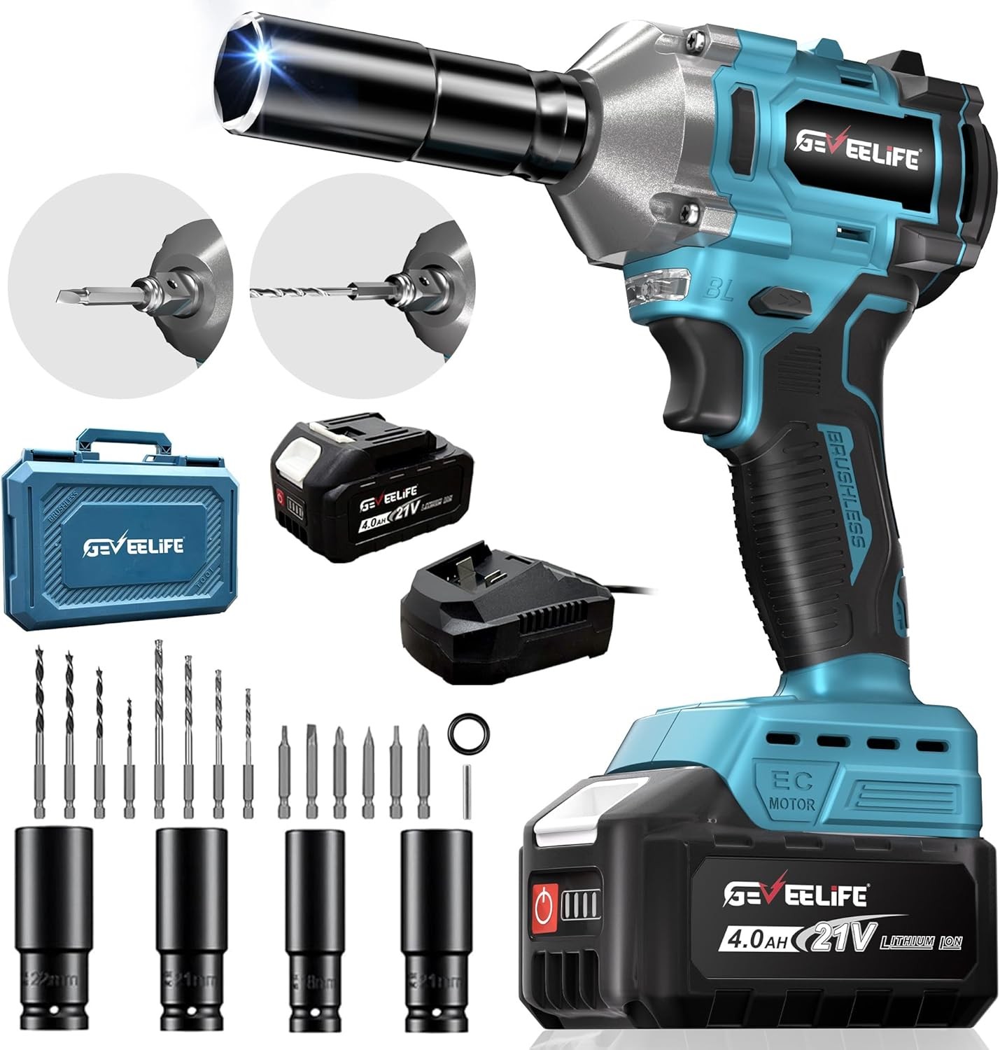 450N.m/332Ft-lbs Brushless Impact Wrench,1/2&Prime; Cordless Gun with 4.0Ah…