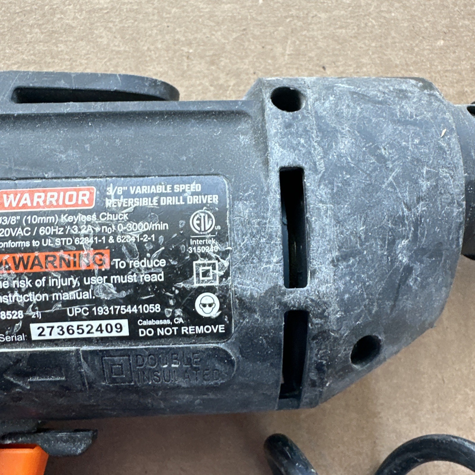 WARRIOR 3.2 Amp 3/8&Prime; Variable Speed Reversible Drill – Model #58528