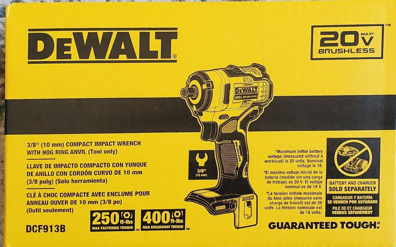 DeWALT 20V MAX 3/8 IN IMPACT WRENCH WITH HOG RING ANVIL DCF913B TOOL ONLY NEW
