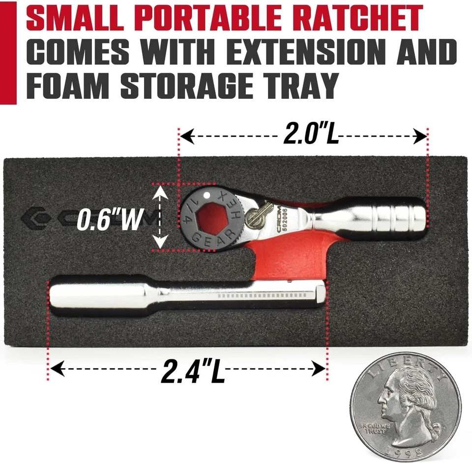 CROM 1/4-inch Mini Ratchet Wrench – Use As 1/4 Bit Ratchet, Extender, Silver
