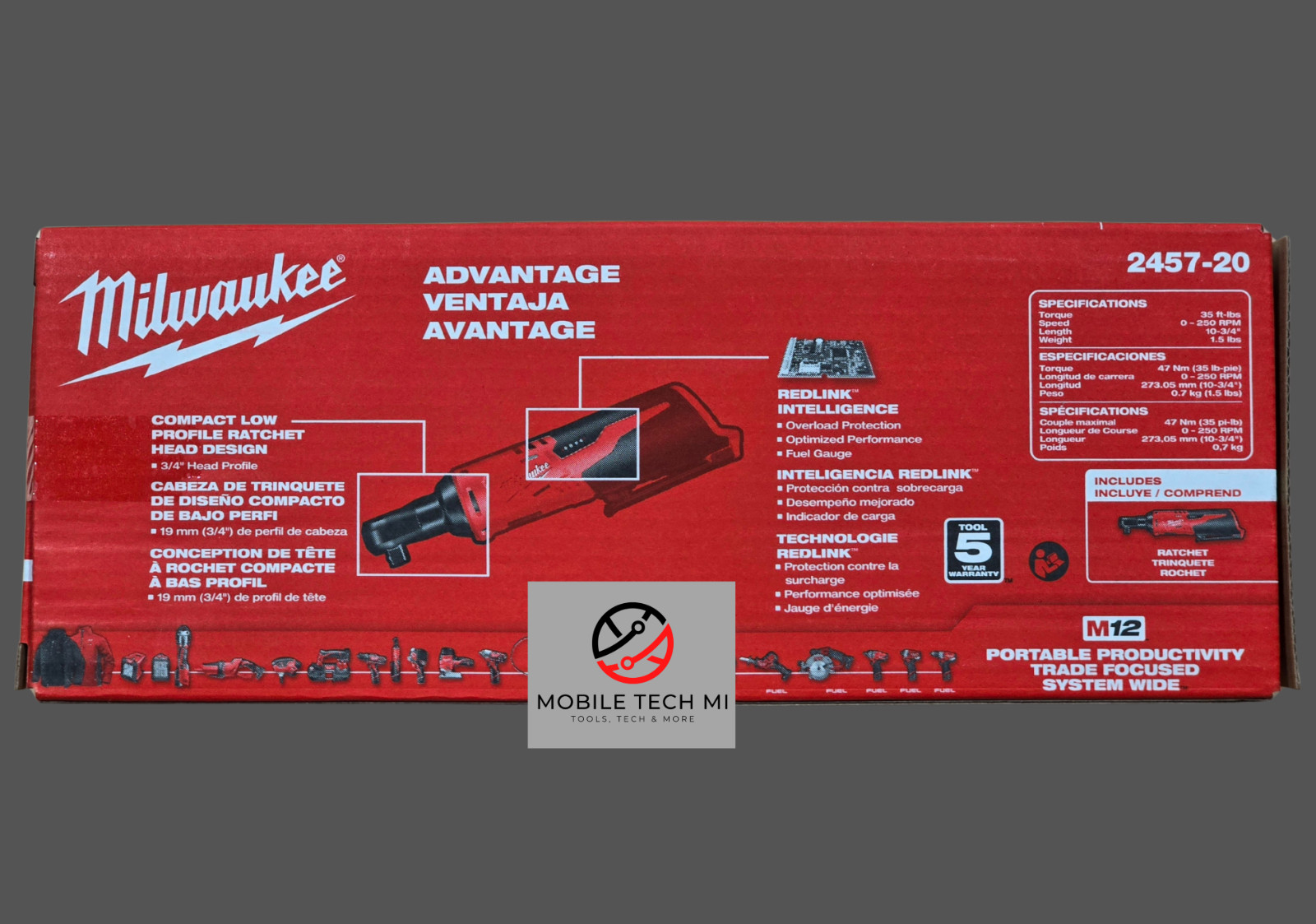 NEW Milwaukee M12 Cordless 3/8&Prime; Ratchet, 2457-20 Kit Charger & 2.0 AH Battery