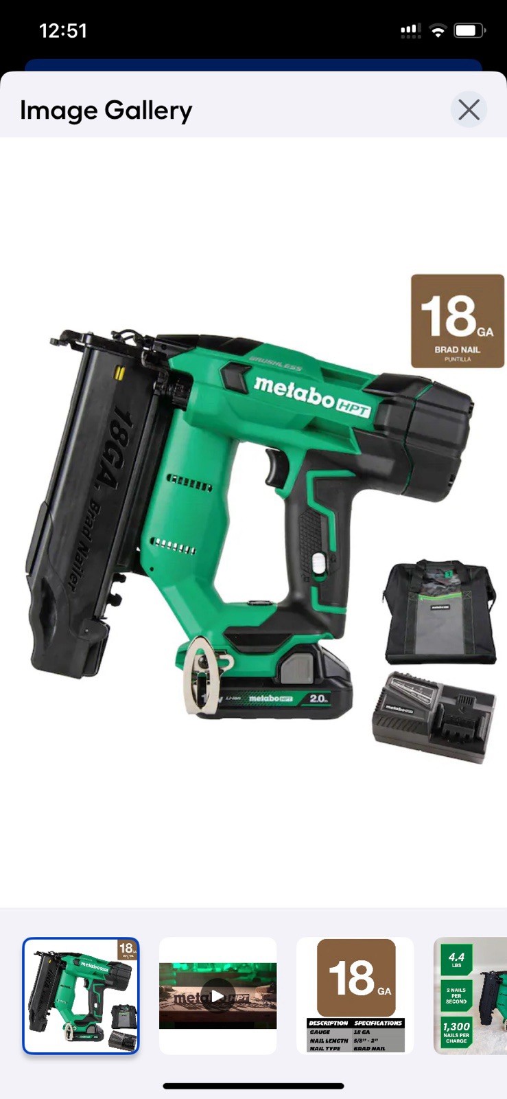 Metabo HPT NT1850DF T 18V Brushless Cordless Li-Ion 18G Straight Brad Nailer Kit