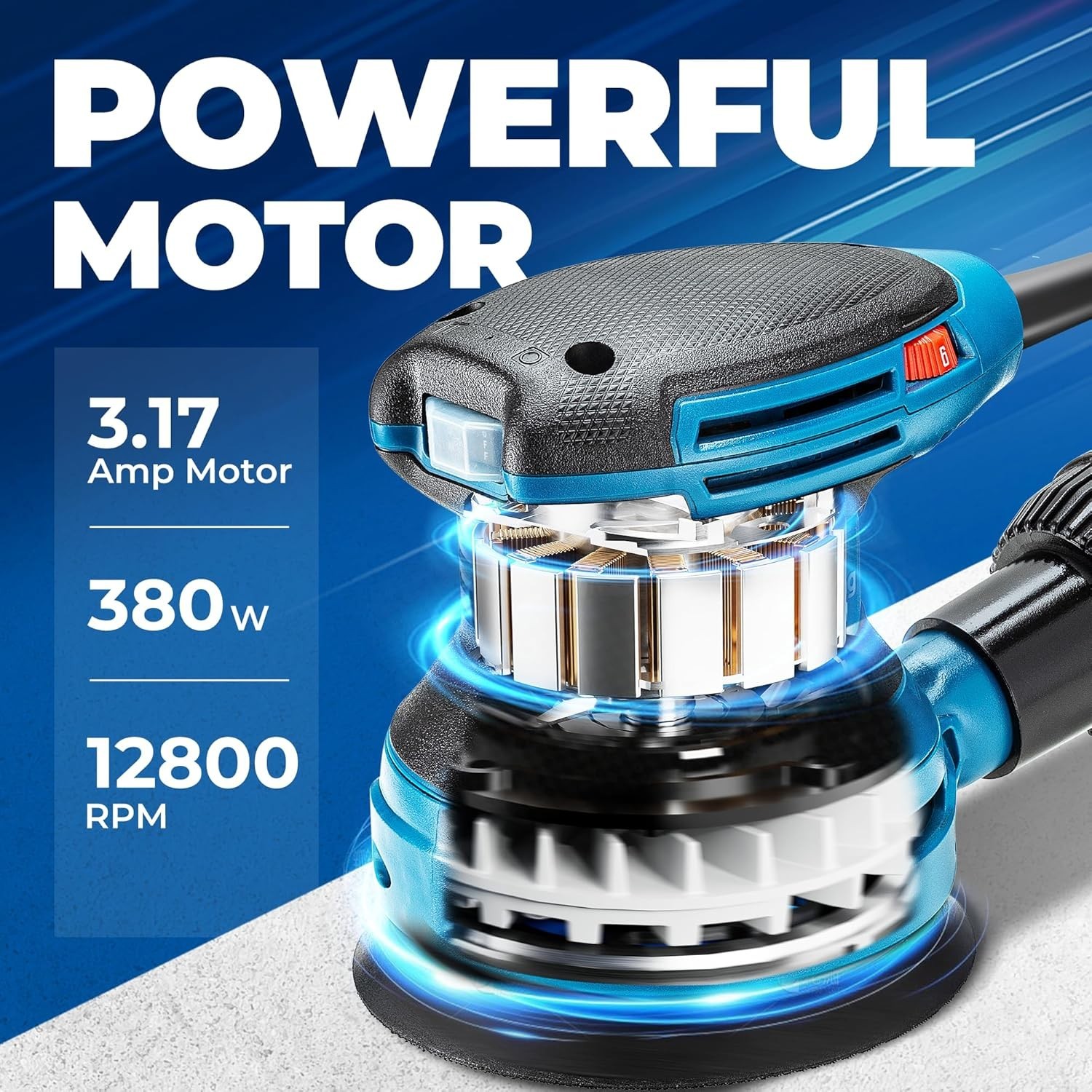 5-Inch Random Orbital Sander 3.2A 12800OPM Electric Palm Sander, 6 Variable S…