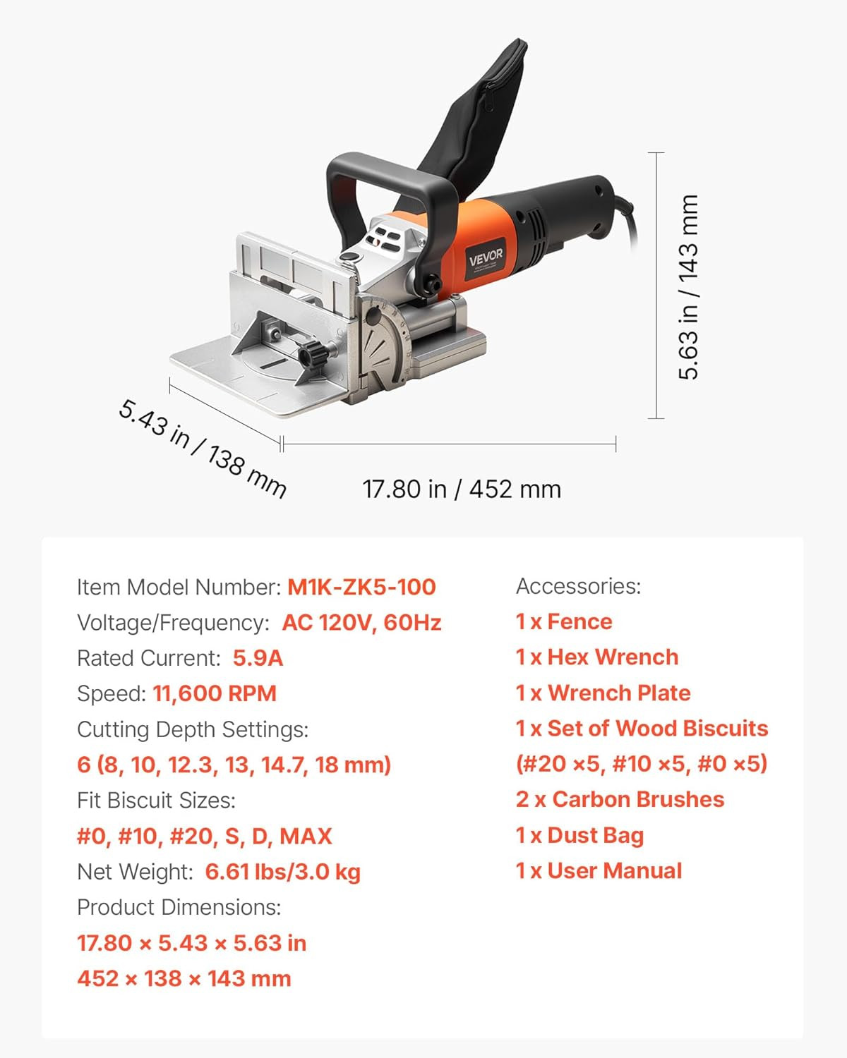 Biscuit Plate Joiner, 5.9A, Plate Joiner Tool Kit with 11,600 RPM 760W Motor, 45