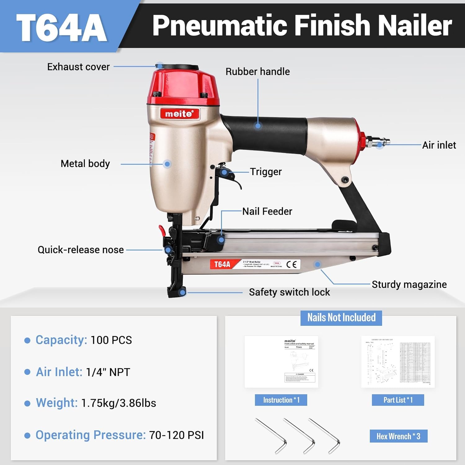 meite T64A 16 Gauge Pneumatic Brad Nailer 1-1/4&Prime; to 2-1/2&Prime;Length Finish Nail Gun