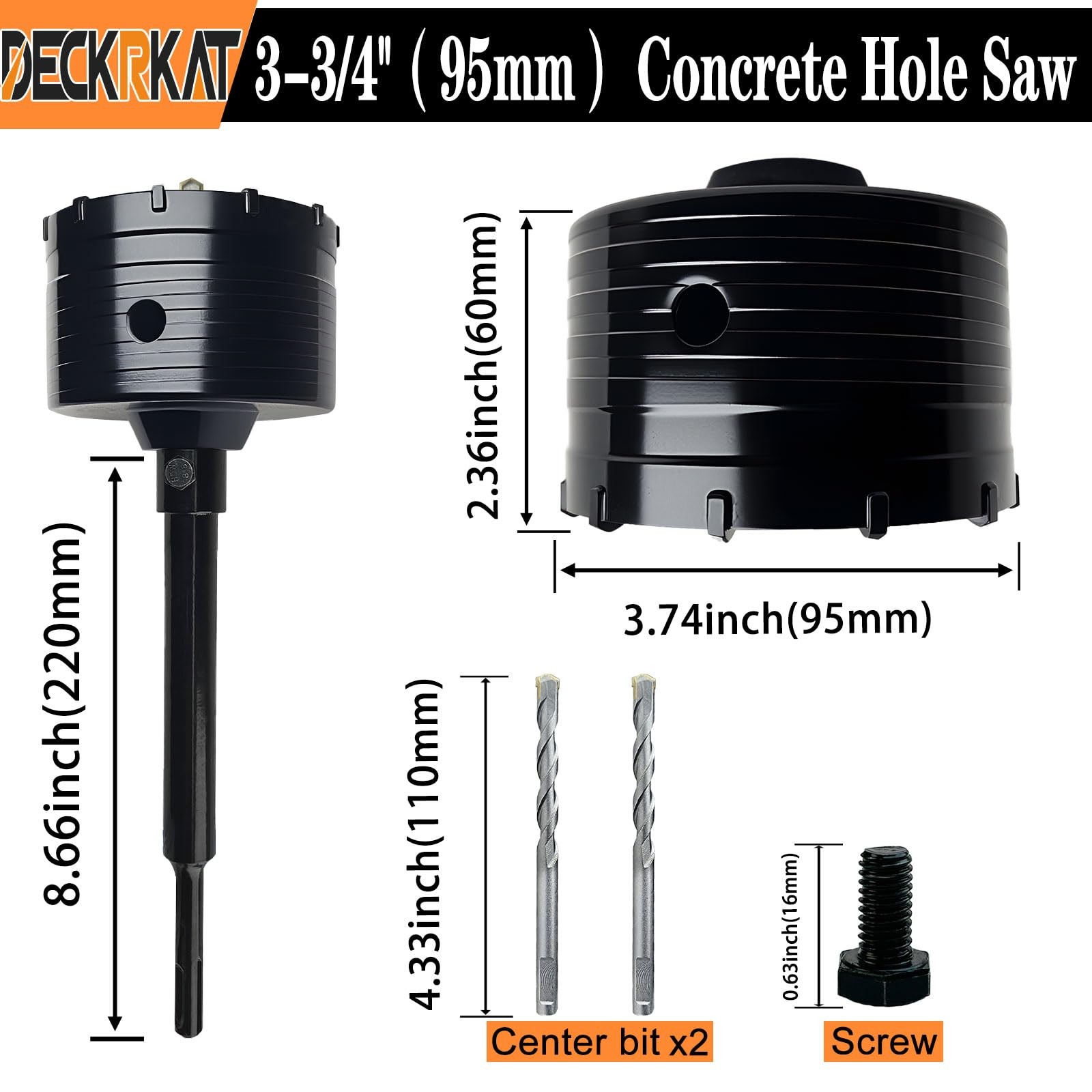 DECKRKAT 95mm Concrete Hole Saw Kit SDS Plus Carbide Cutter for Masonry Brick