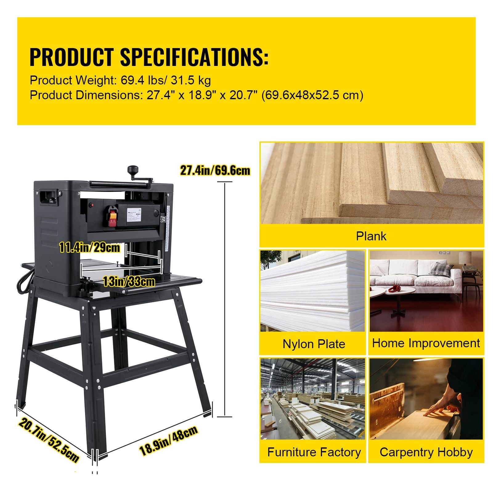 13 – Inch Benchtop Thickness Planer, 2000W, 8000 rpm, 15 AMP, with Foldable Iron