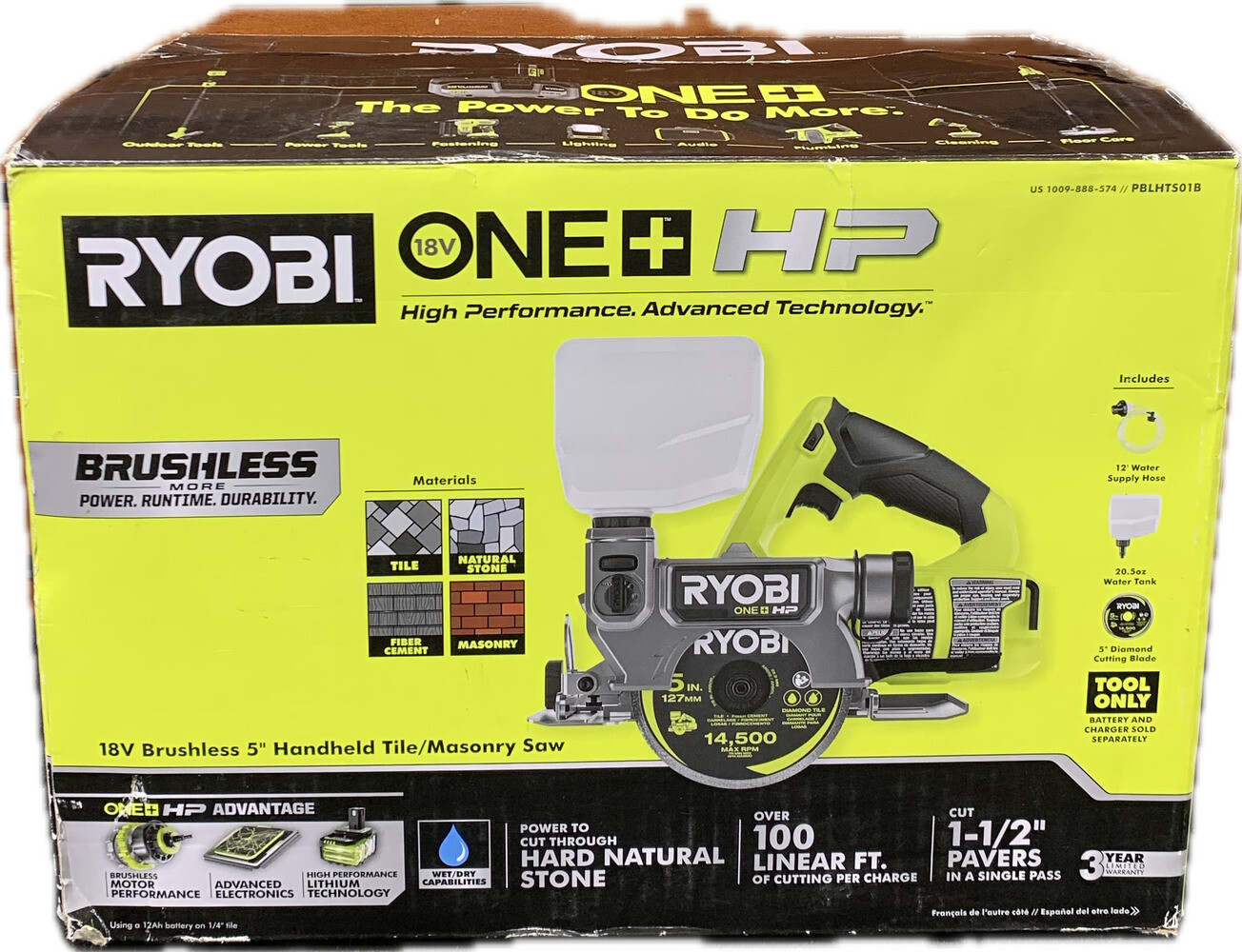 Ryobi PBLHTS01B 18V Brushless Cordless 5&Prime; Handheld Tile/Masonry Saw – New