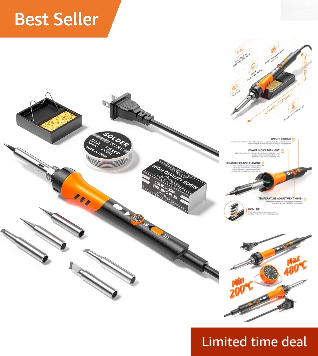Soldering Iron Kit 60W – Adjustable 200-450°C with 5 Tips and Stand for Repairs