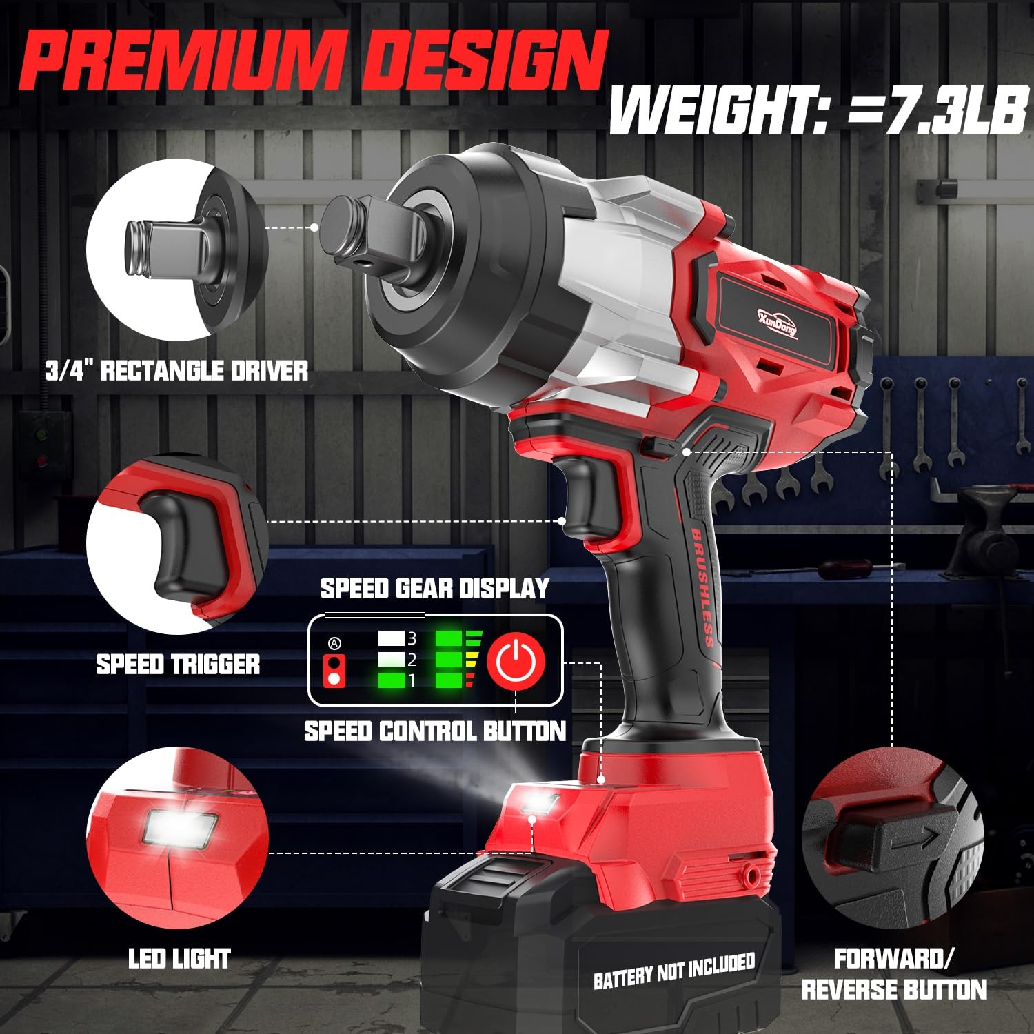 Cordless Impact Wrench 3/4&Prime; 1850Ft-lbs 2500N.m 4 Speed Modes LED Work Light