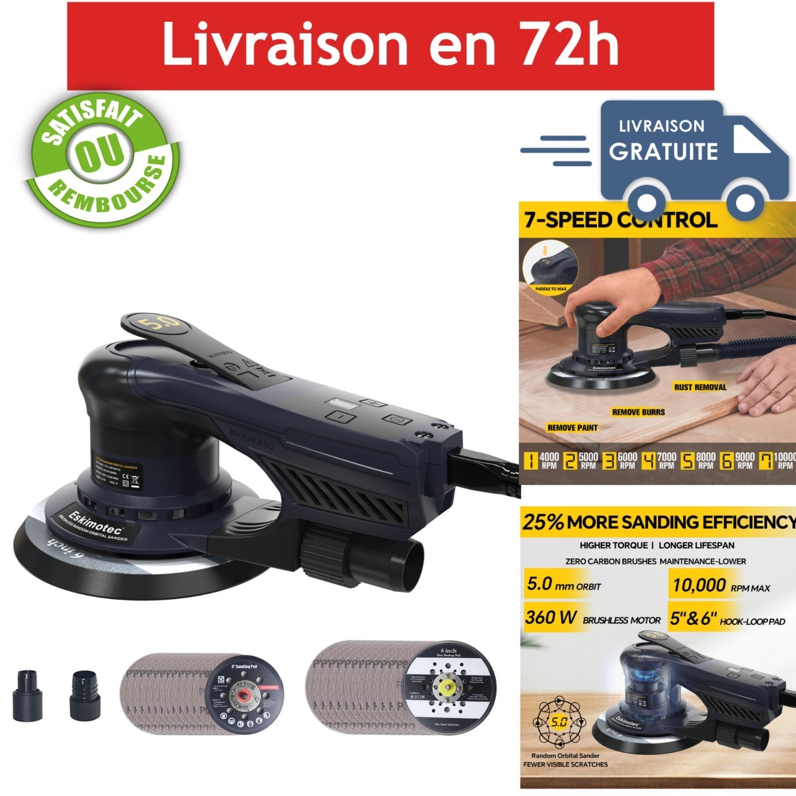 Eskimotec Random Orbital Sander 360W 5 & 6in Pads 7-Speed 10000 RPM
