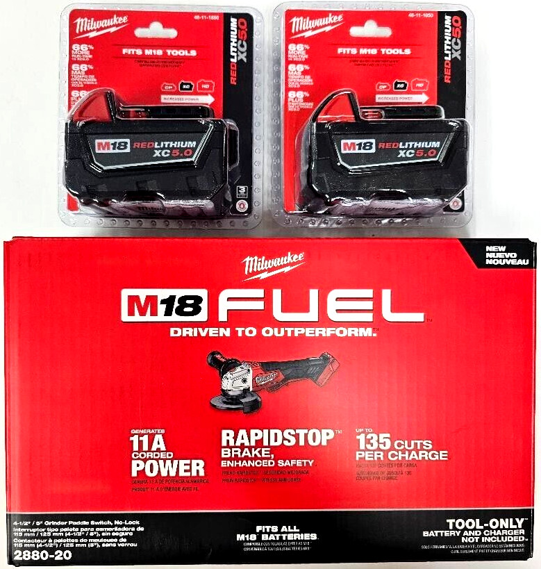 NEW N BOX Milwaukee M18 FUEL 2880-20 Grinder, 2) 5.0 AH Battery 4 1/2 5&Prime; 18 Volt