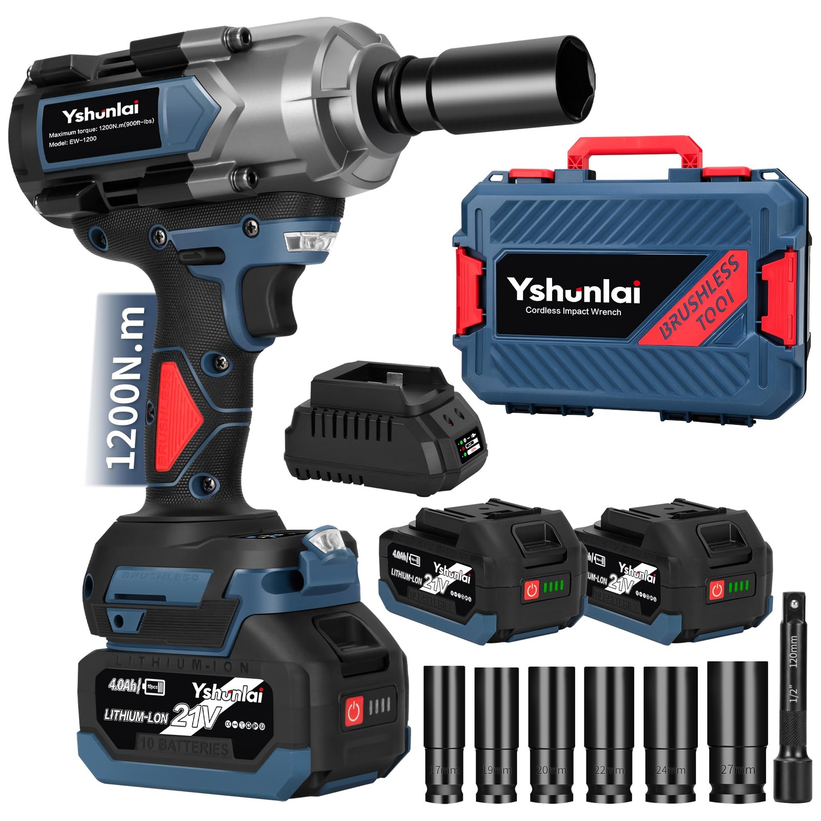 1200N.m Cordless Impact Wrench, 1/2&Prime; Brushless Impact Gun with 4000mAh Batter…