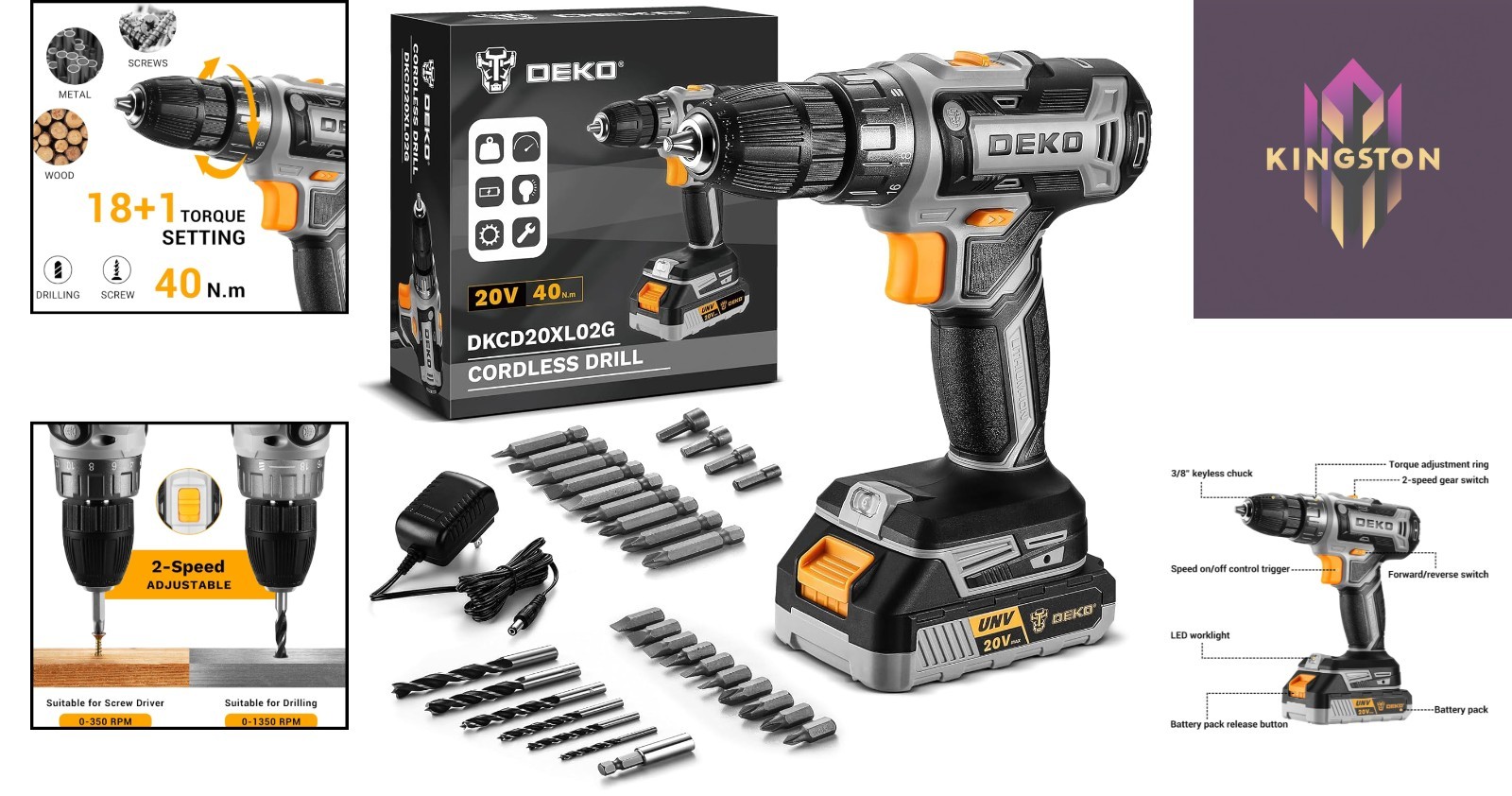 Electric Cordless Drill with Battery & Charger – 2-Speed, 18+1 Torque Settings