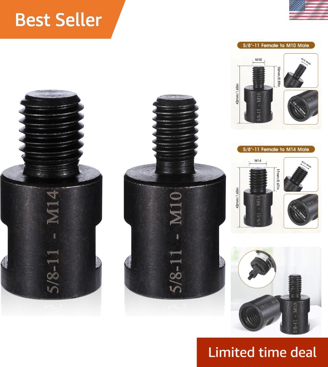 Heavy-Duty Angle Grinder Thread Adapter: 5/8&Prime;-11 to M10/M14 for Versatile Use