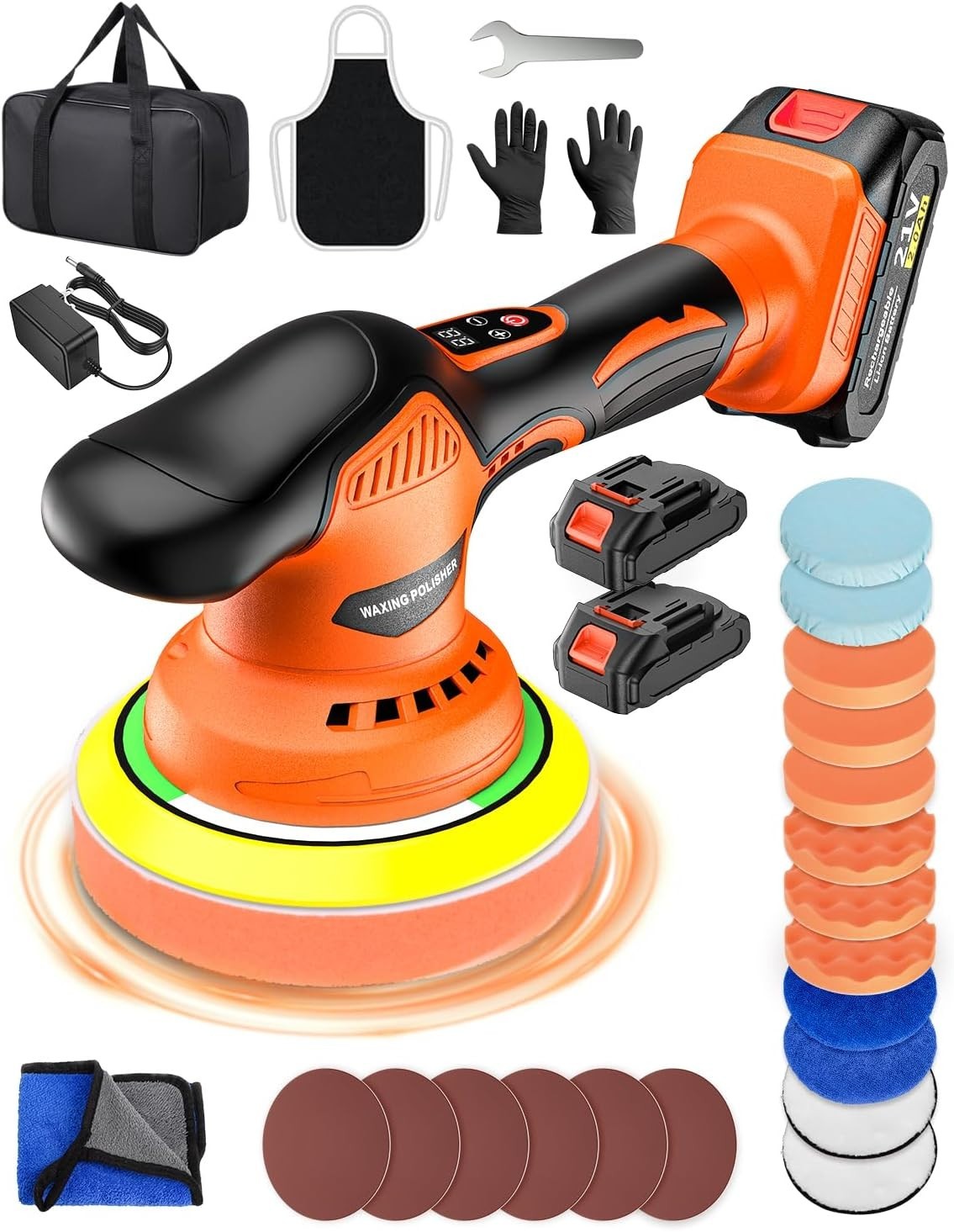 Cordless Car Buffer Polisher 8 Speed Orange Battery Operated for Waxing and S…