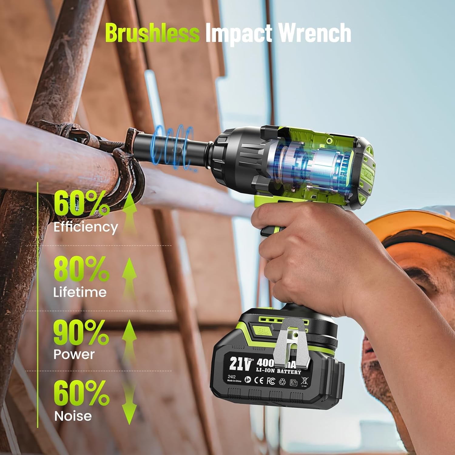 1400N.m (1032ft-lbs) Cordless Impact Wrench, 1/2 High Torque Brushless Impact Gu