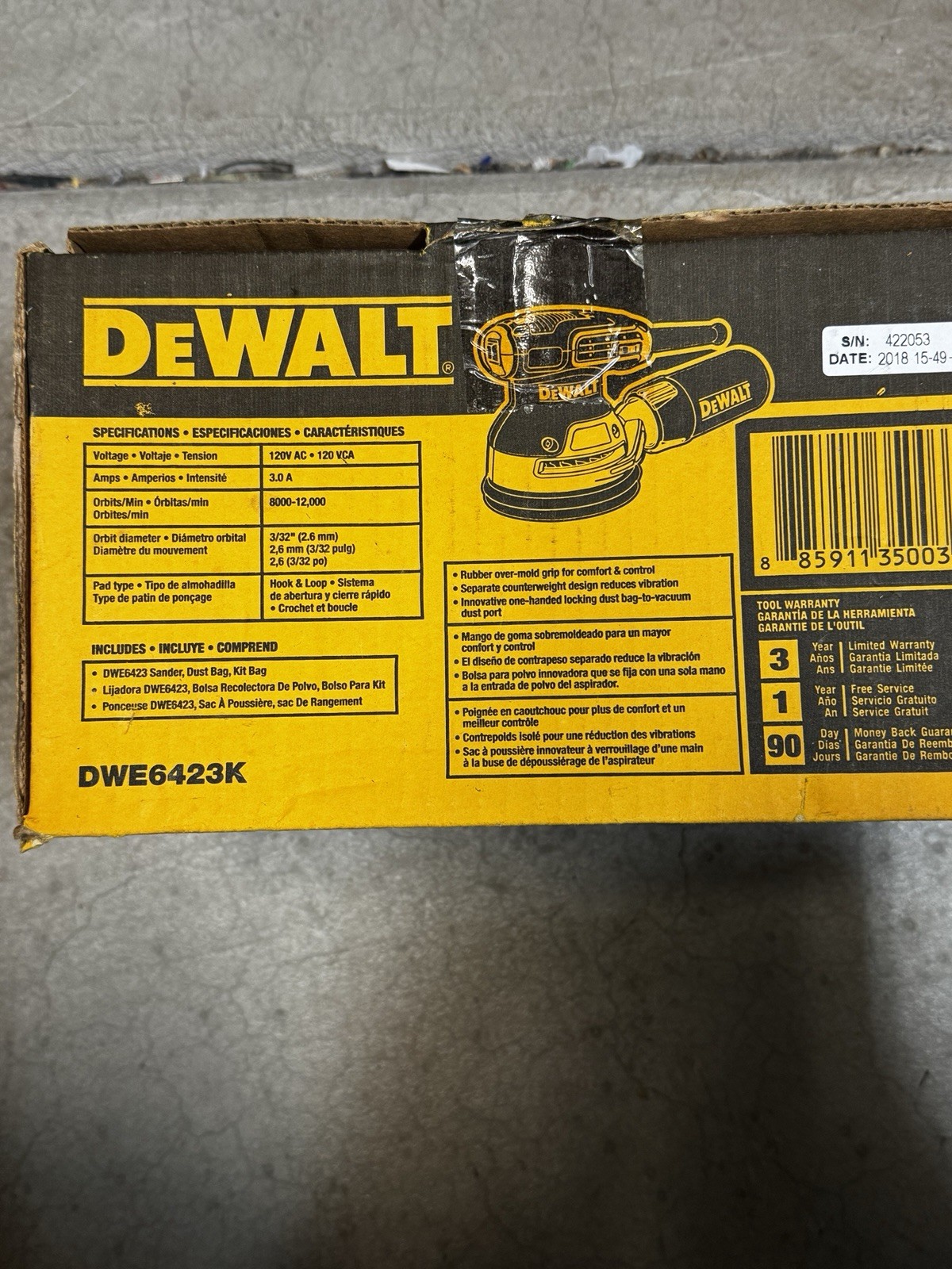 (DWE6423K) DEWALT Corded Electric Variable Speed Random Orbital Sander Kit