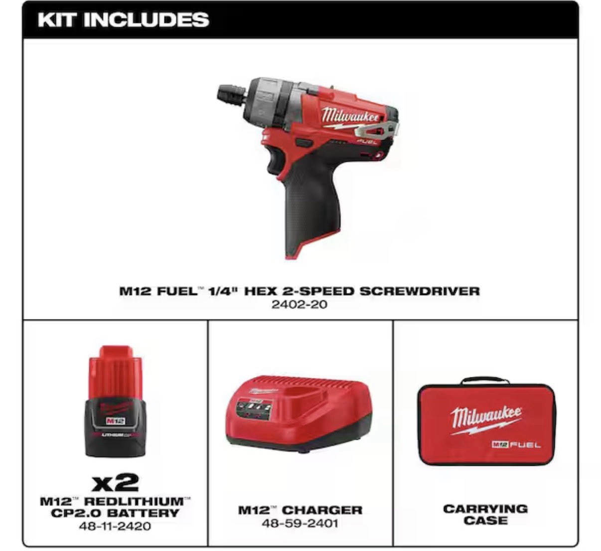Milwaukee M12 FUEL 12V Brushless 1/4&Prime; Hex 2-Speed Kit w/2 2.0Ah,Chg,Case
