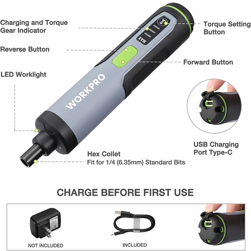 WORKPRO 4V Rechargeable Cordless Electric Screwdriver Sets 35 Bits Extension Rod