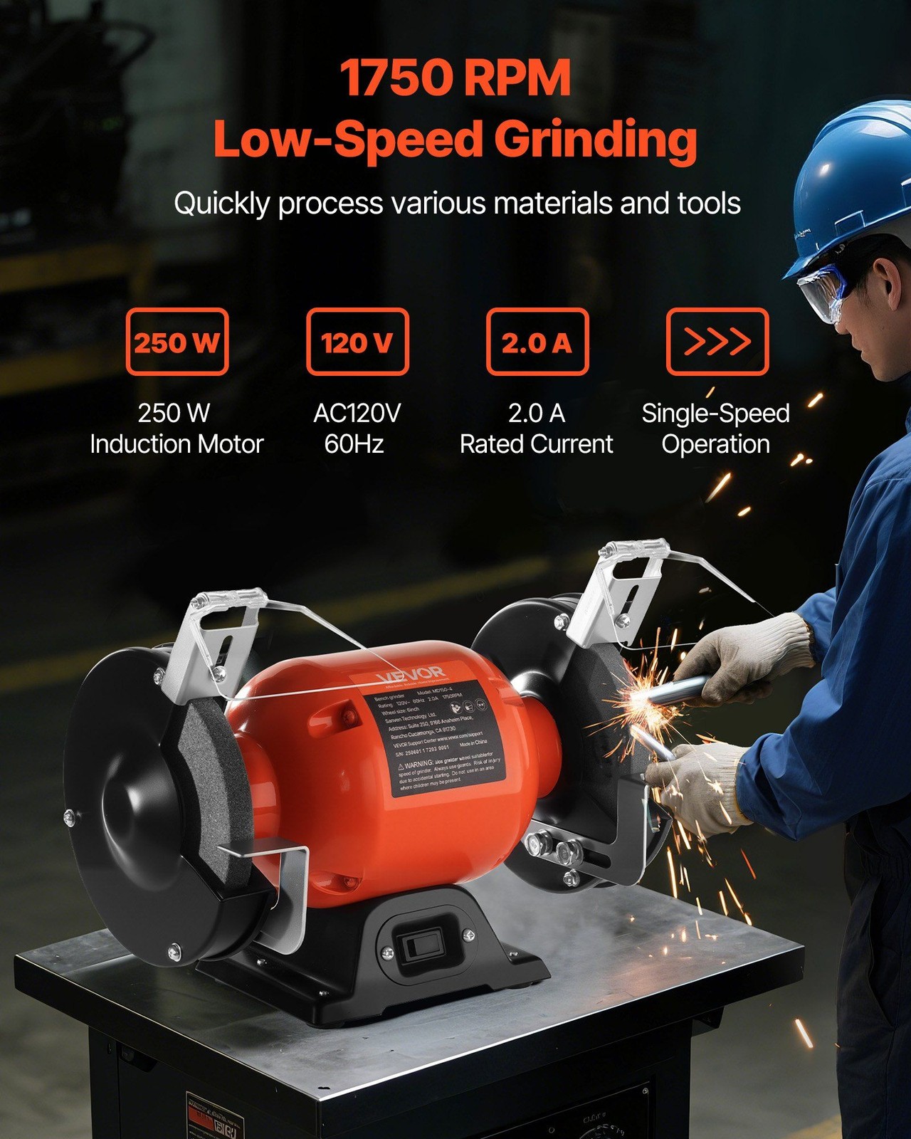 6-Inch Bench Grinder 1750RPM w/36&60-Grit Alumina Wheels, Tool Rest, Eye Shield