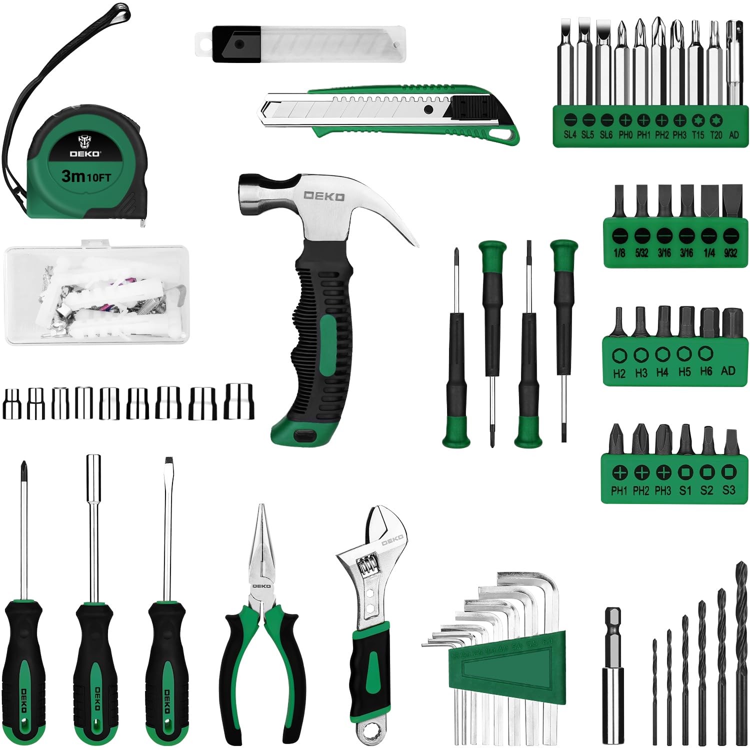 DEKOPRO 126-Piece Tool Kit 8V Cordless Drill Set Green Home Repair Toolbox