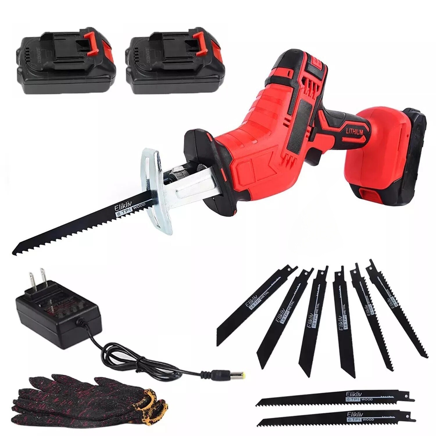 24V Cordless Reciprocating Saw Sabre Saw 2 Battery + 8 Blades + Charger + Gloves