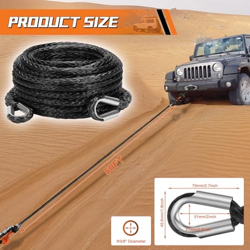 Synthetic Winch Rope Extension, 3/8Inch x 50Ft 26500 Lbs Winch Extension Black