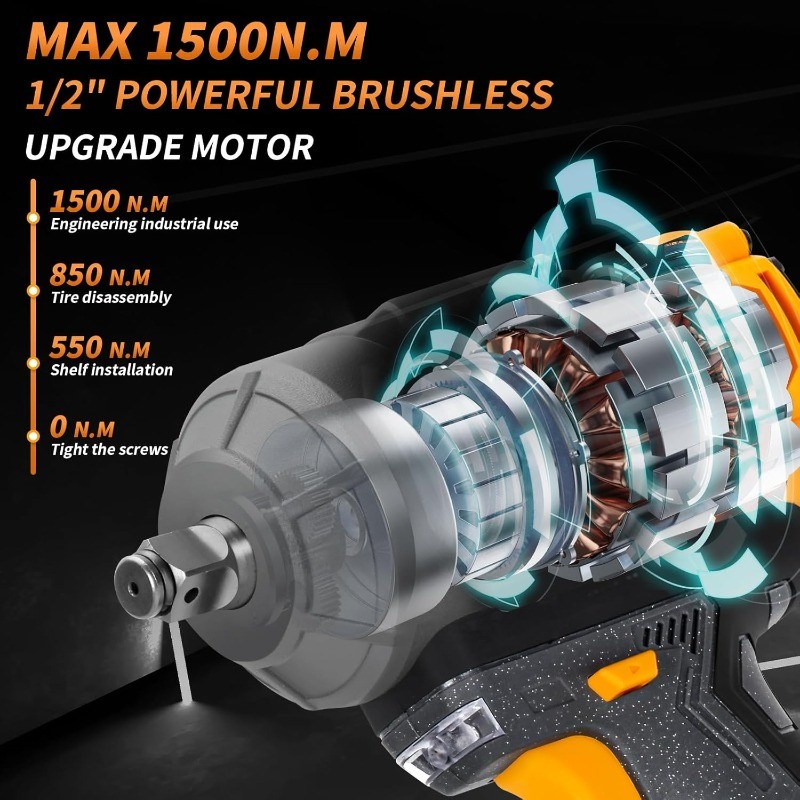 1500Nm Impact Wrench, 1/2&Prime; 1107ft-lbs Cordless Impact Gun with 2 x 4.0Ah Battery