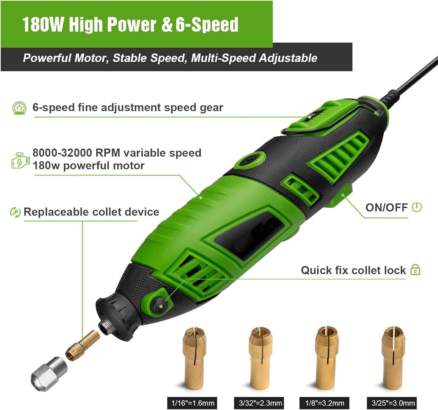 Kit de herramientas rotativas de 180 W, 1.5 A, 6 velocidades variables con eje