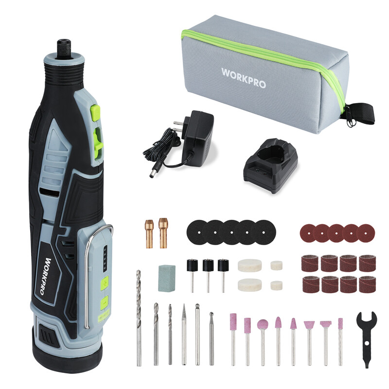WORKPRO 12V Cordless Rotary Tool Set 5 Variable Speeds w/Accessory Kit Gray/Pink