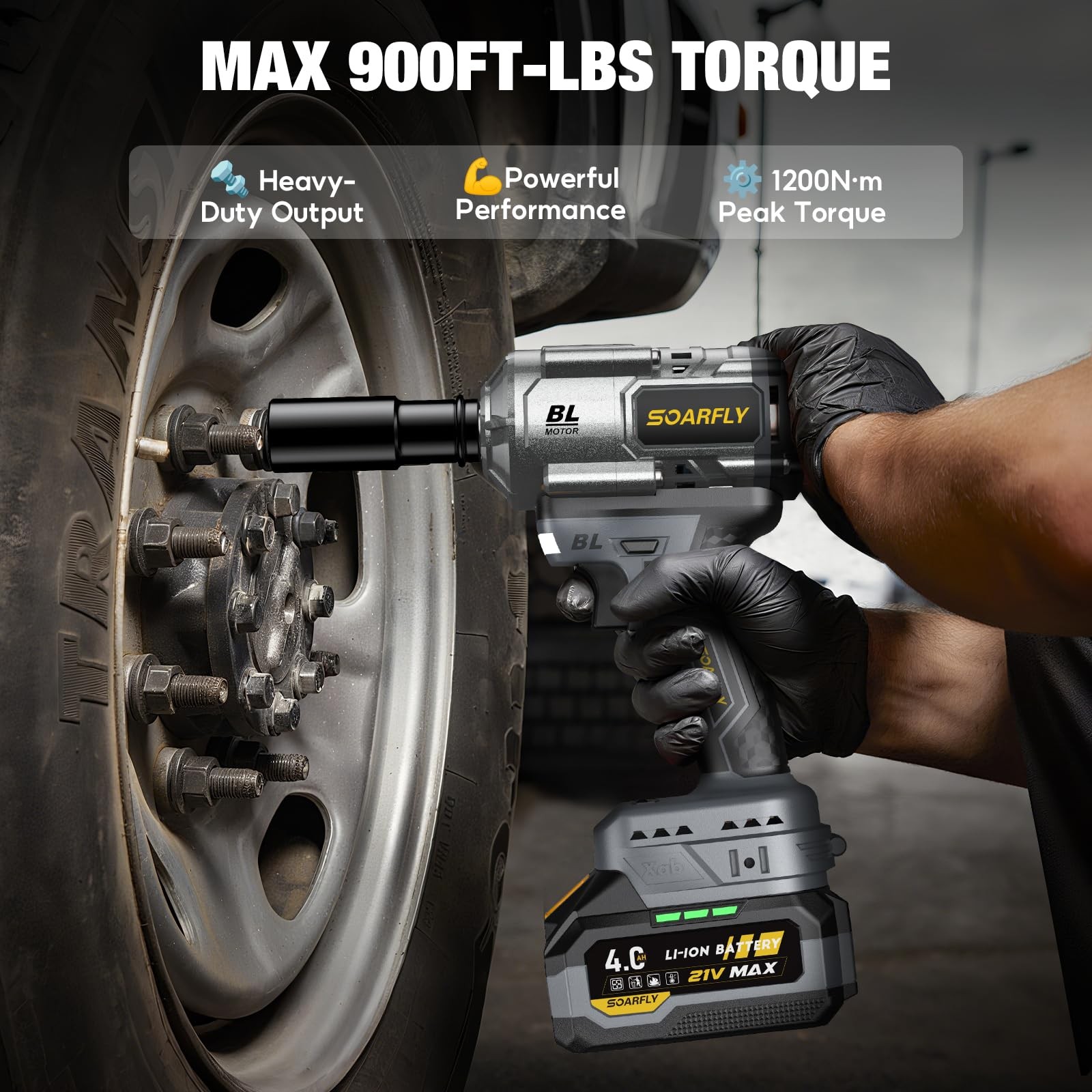 Cordless Impact Wrench 1/2&Prime; 21V 900 Ft-lbs 1200 Nm Brushless with 2x 4.0Ah