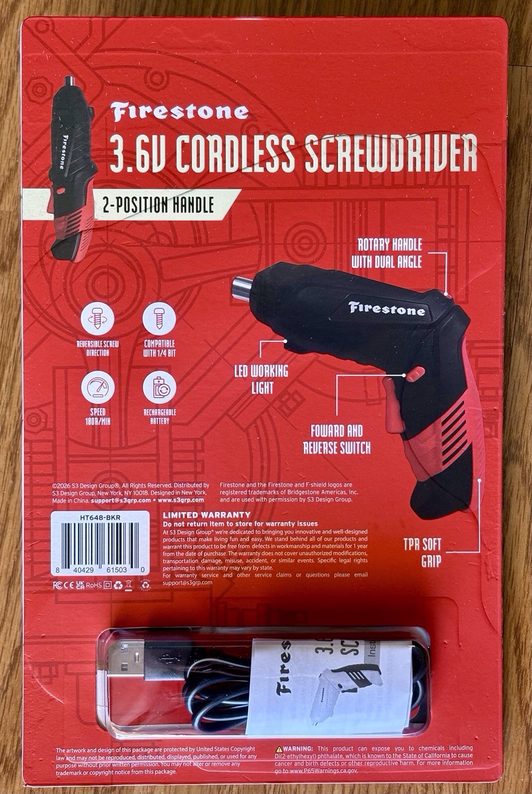 Firestone 3.6V Cordless Screwdriver, 2 Position Handle, USB Rechargeable