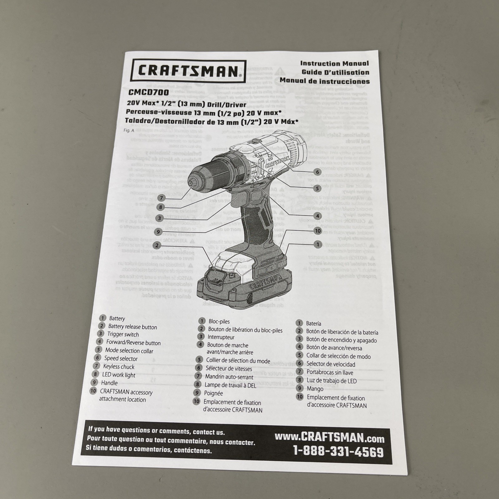 CRAFTSMAN V20 Cordless Drill/Driver 1/2 inch CMCD700 Tool Only
