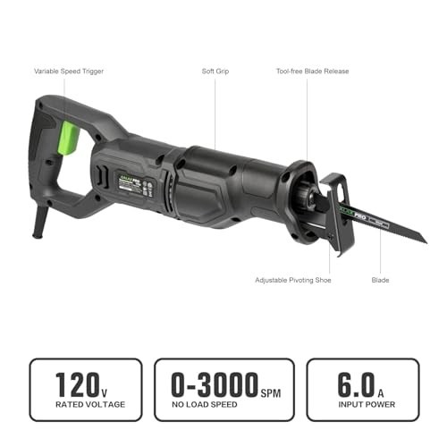 120V Corded Reciprocating Saw, 6.0 Amp Variable Speed, 1-1/8&Prime; Stroke, 2800RPM, C