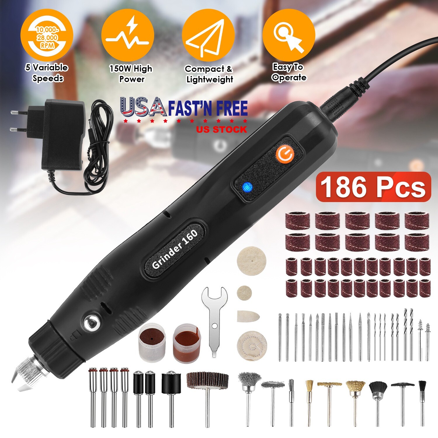 186Pcs Electric Detail Sander Grinding Pen Corded Rotary Power Tool Small Drill