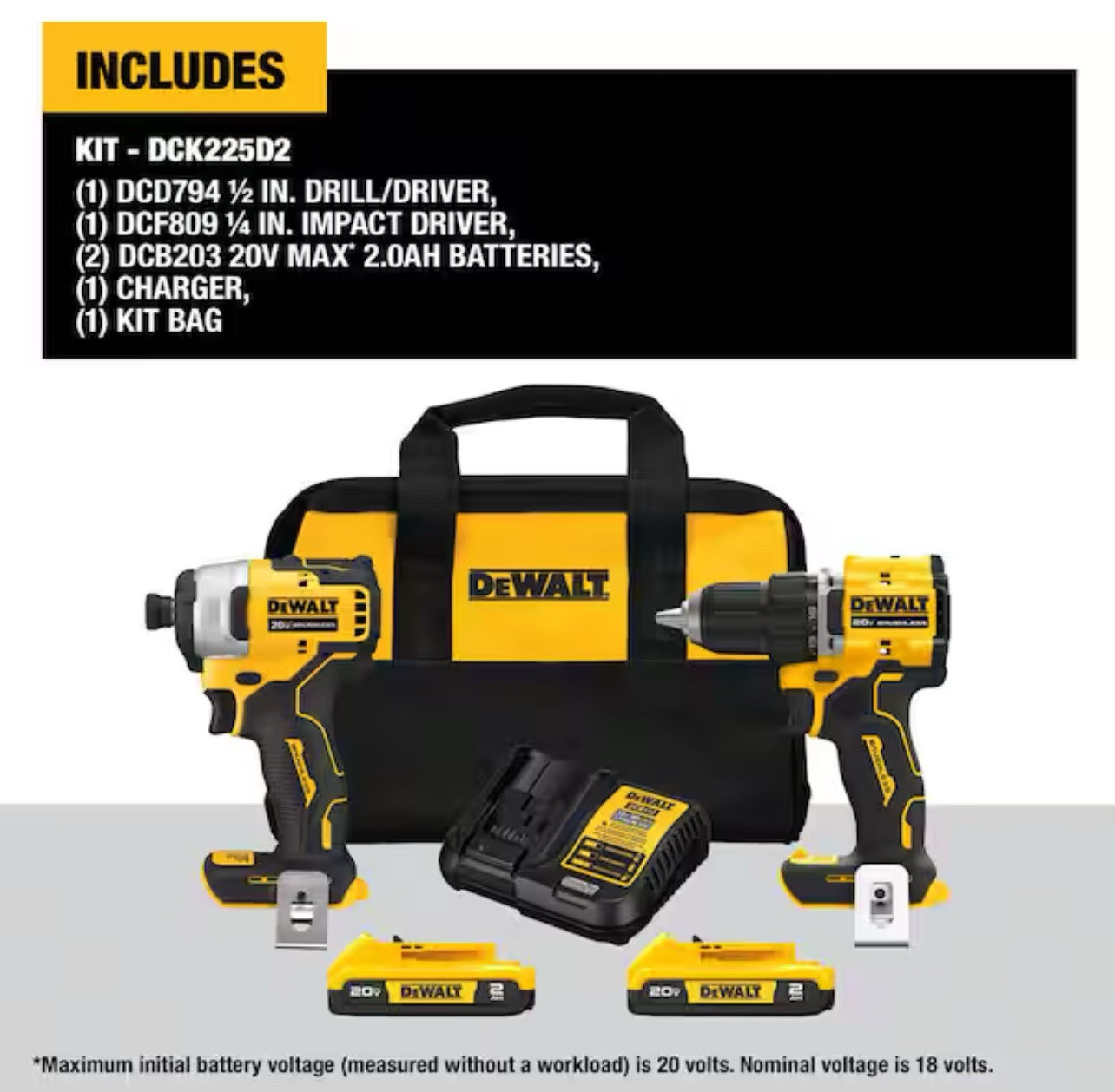 DEWALT DCK225D2 ATOMIC 20V MAX BrushlessCompact Impact & Drill/Driver Combo Kit✅