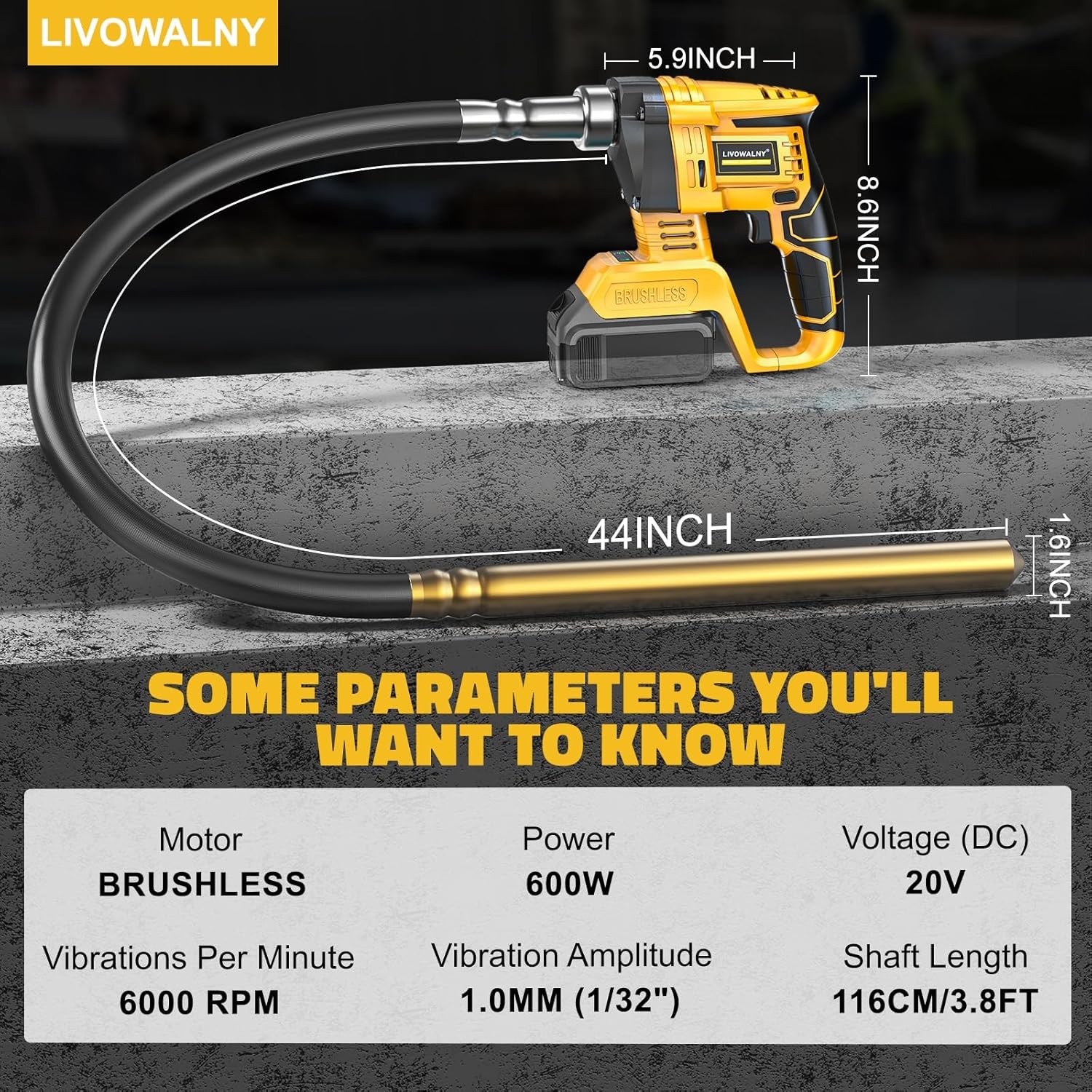 Handheld Concrete Vibrating Tool Compatible with Dewalt 20V Battery, 600W Cordle