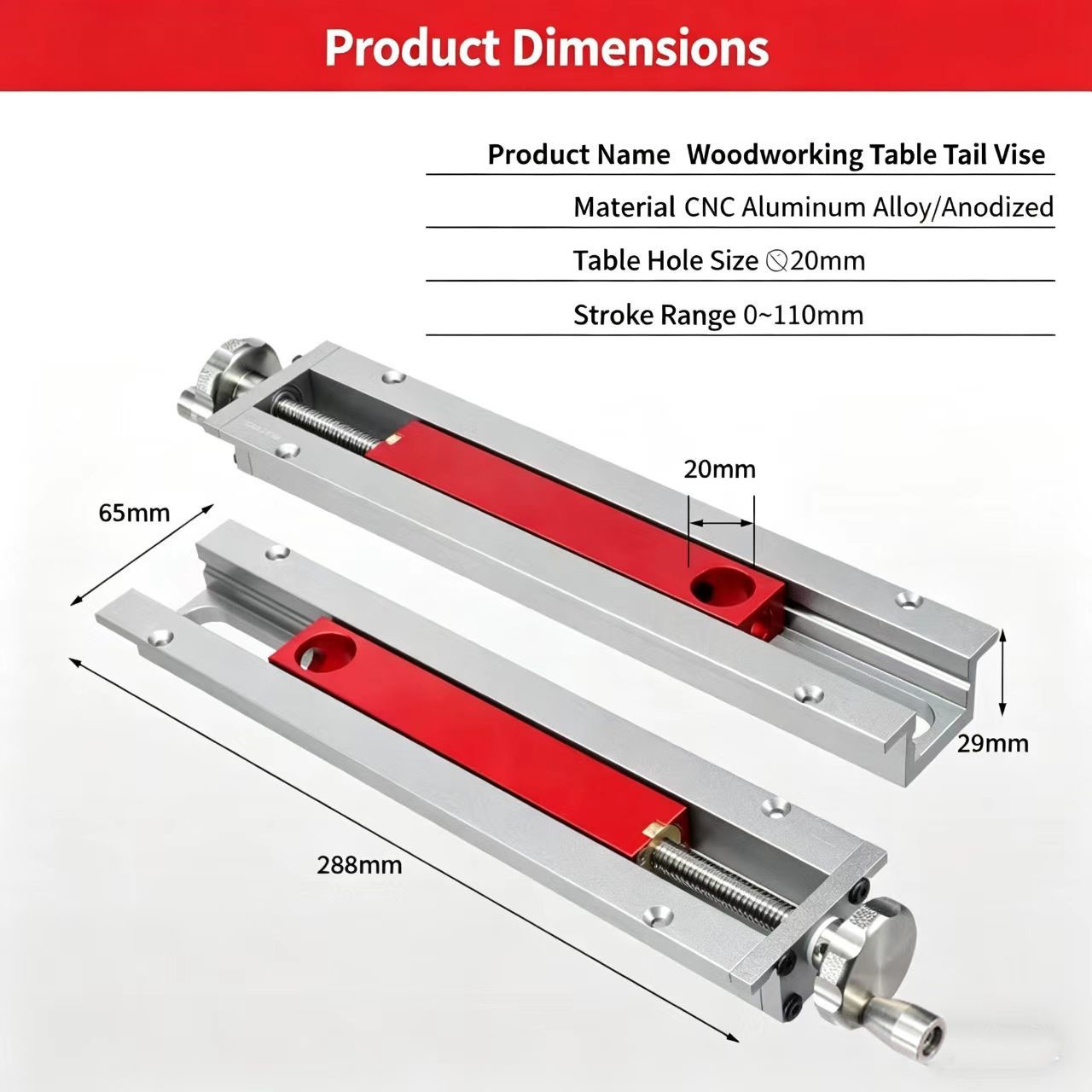 Quick Release Tail Vise for Woodworking Table CNC Aluminum 2.9 cm Height