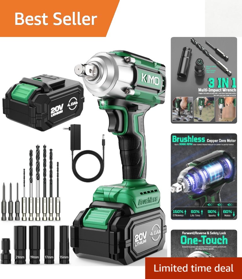 KIMO 550Nm Torque Impact Wrench with Safety Brake & 9-Piece Accessory Kit