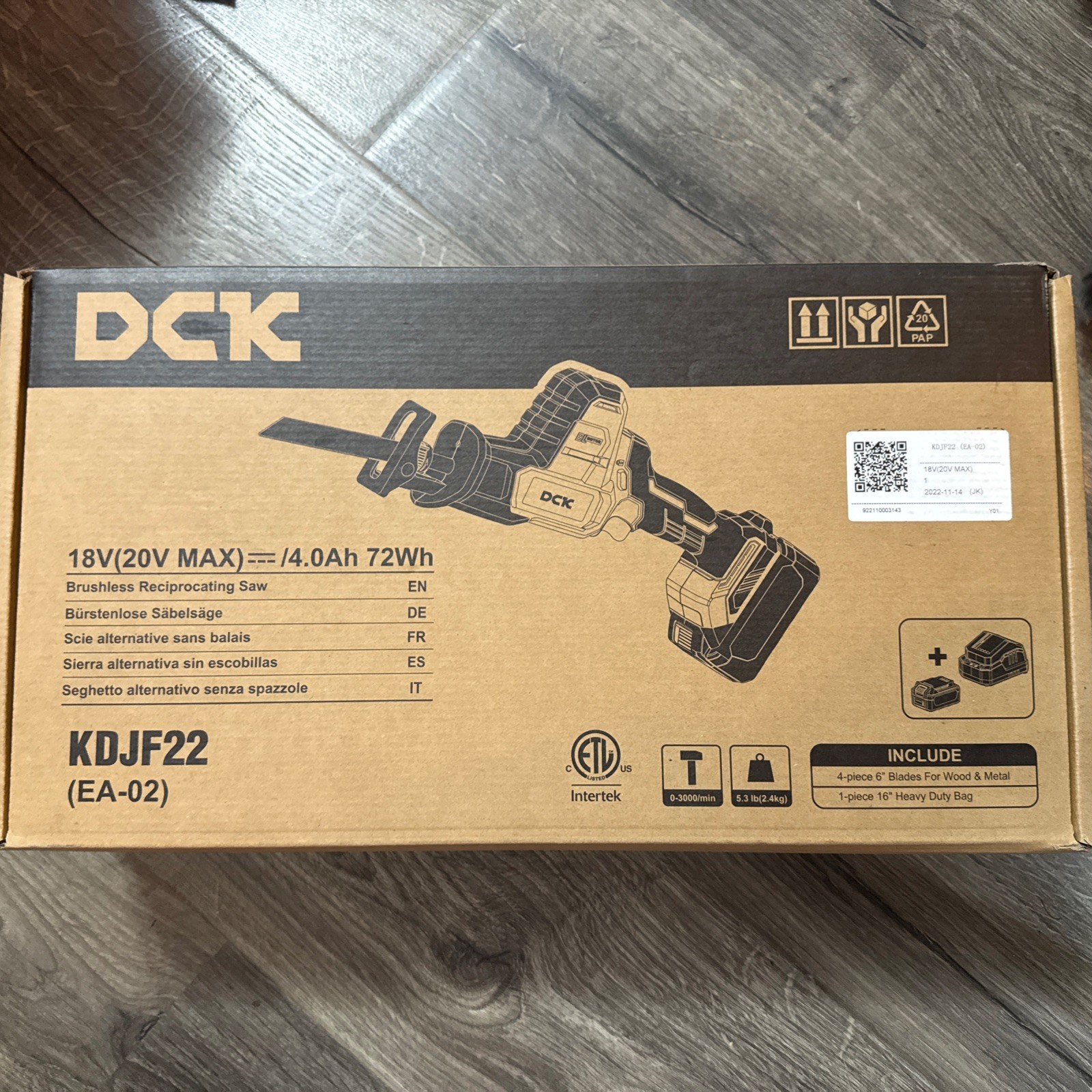 DCK 18V Red cordless reciprocating saw, 4 blades, Carry Bag, battery & Charger
