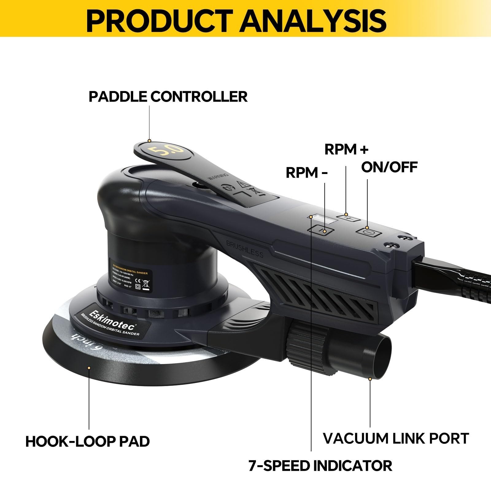Eskimotec Random Orbital Sander 360W 5 & 6in Pads 7-Speed 10000 RPM